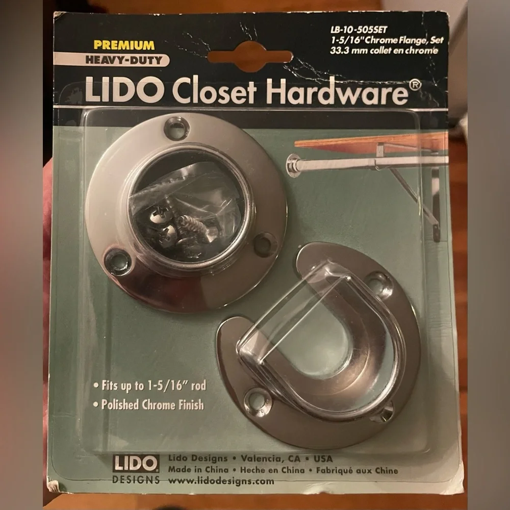 NWT new Lido brand Polished Chrome Steel Closet Flange Set to hold Rods in style
